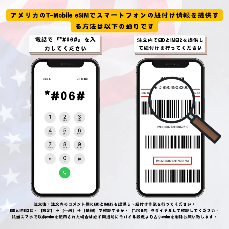 米国T-Mobile eSIMの日本語版携帯電話情報提出ガイド。*06#をダイヤルしてEIDとIMEI2を照会する方法と、注文時にこの情報を提供してバインドを完了する手順を図示しています。