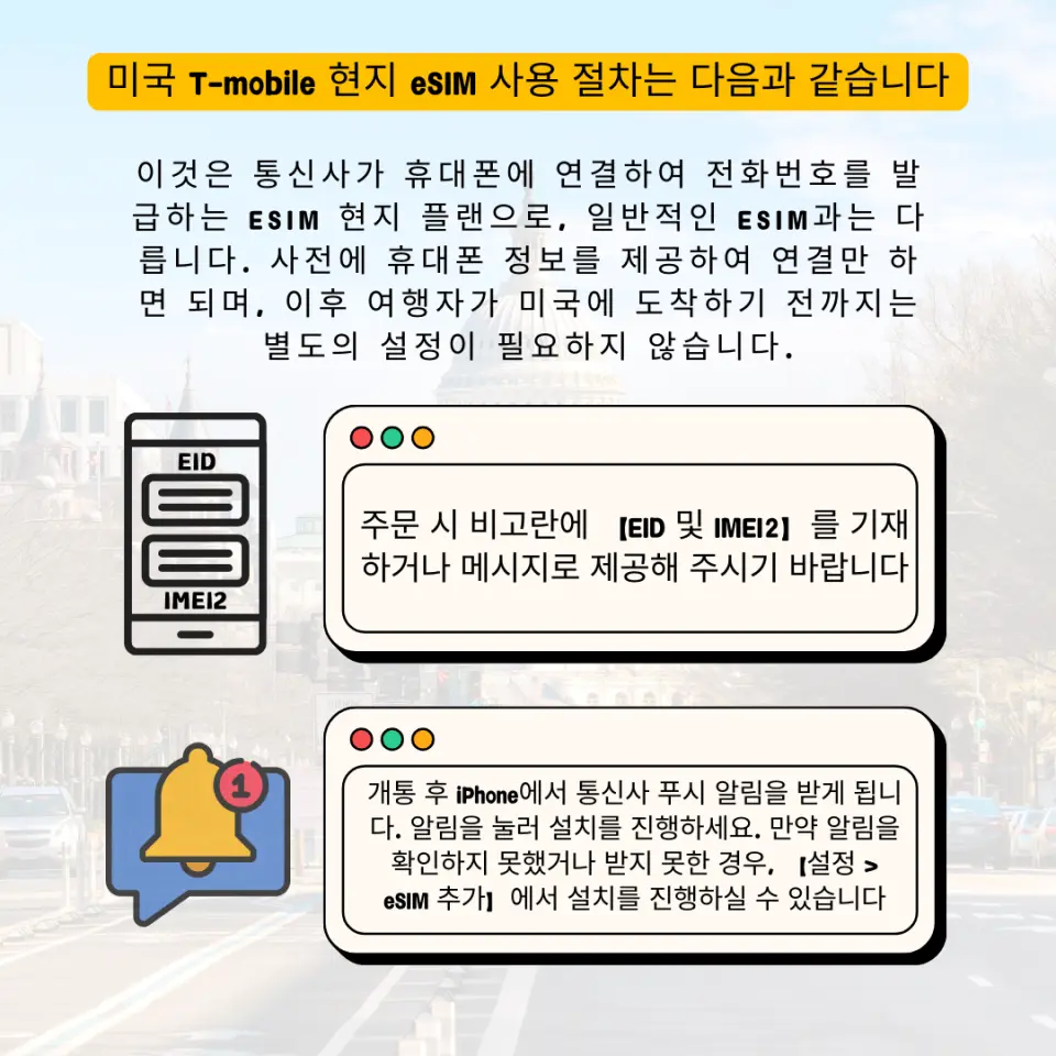 미국 T-Mobile eSIM 한국어 버전 바인딩 및 설정 지침. EID 및 IMEI2 정보 제출 과정과 활성화 후 iPhone에서 통신사 푸시 알림을 받아 설치하는 단계를 그림으로 설명합니다.