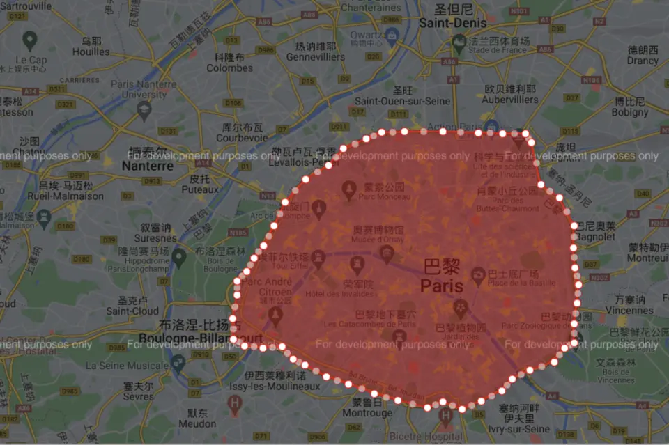 巴黎市區地圖，標示出戴高樂機場（CDG）接送服務的覆蓋範圍，包含巴黎市中心及周邊迪士尼樂園區域，提供清晰的服務區域指引。