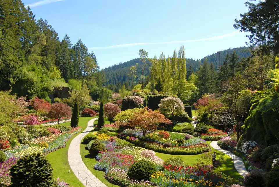 Victoria's Butchart Gardens from Vancouver, with winding paths and vibrant flower beds forming a world-class horticultural spectacle, easily enjoyed on a private chartered tour.