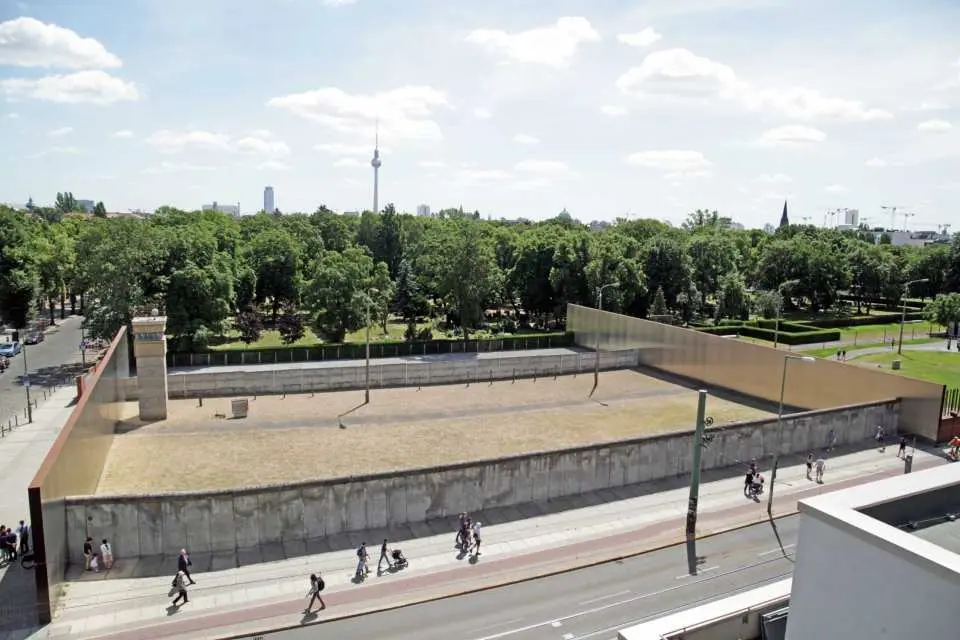 Panoramic view of the Berlin Wall Memorial in East Berlin, showing reconstructed wall sections, a wide 'death strip,' and the historic TV Tower in the background, highlighting the communist era's impact.