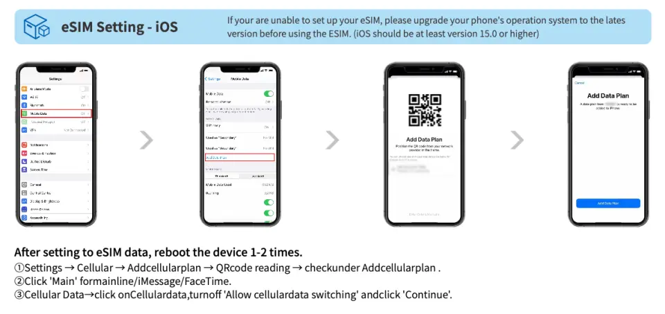 아이폰 사용자가 캄보디아에서 eSIM 인터넷을 빠르고 쉽게 설치 및 활성화하여 편리한 통신을 즐길 수 있도록 단계별로 설명하는 영어 iOS 휴대폰 eSIM 설정 가이드.