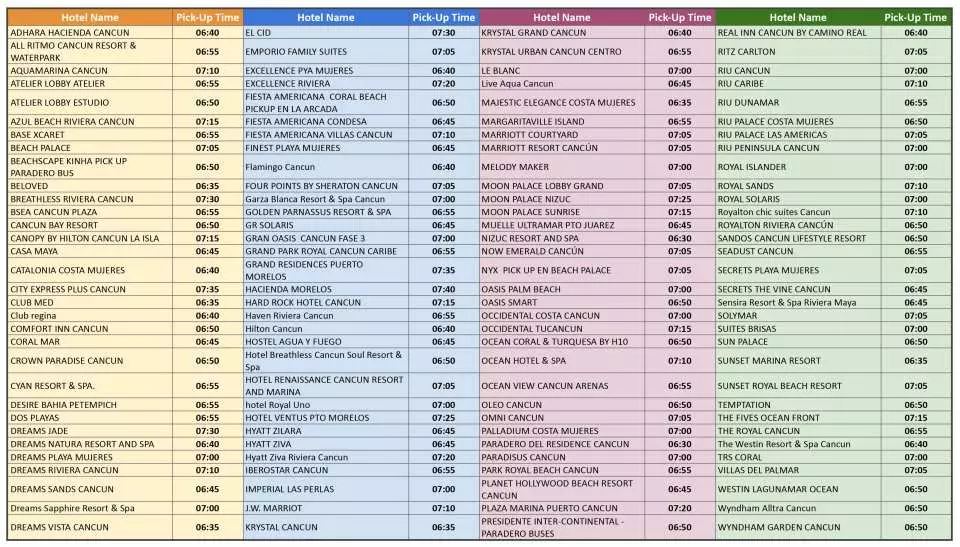 酒店接送地点列表（时间仅供参考，请以凭证为准）