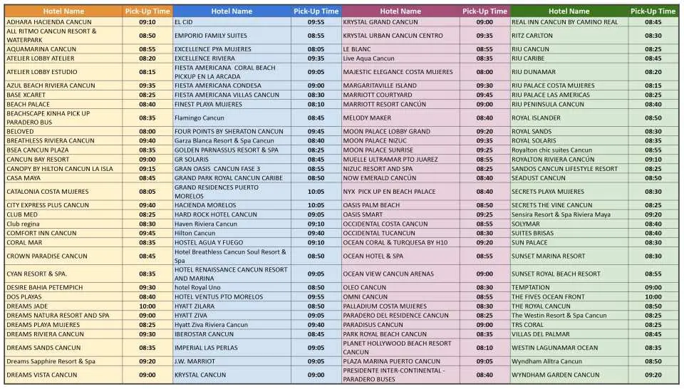 酒店接送地点列表（时间仅供参考，请以凭证为准）