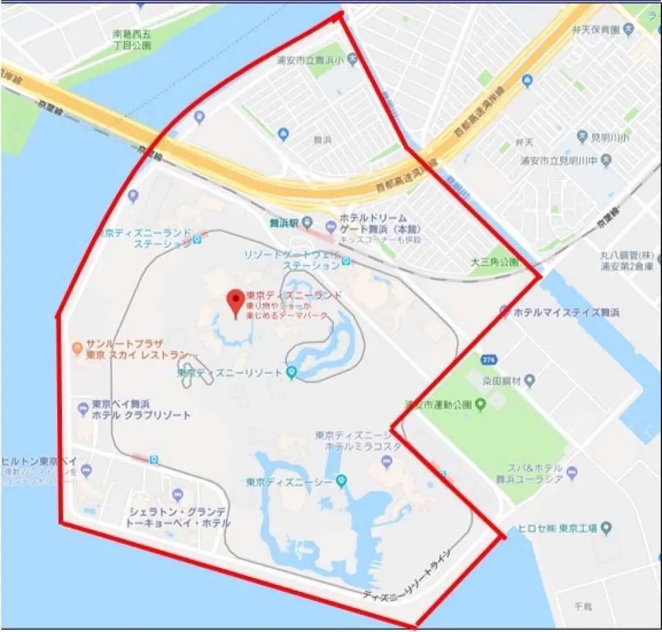 清楚標示東京迪士尼樂園及迪士尼海洋周邊的接送服務範圍地圖，方便旅客從羽田機場直達樂園酒店。