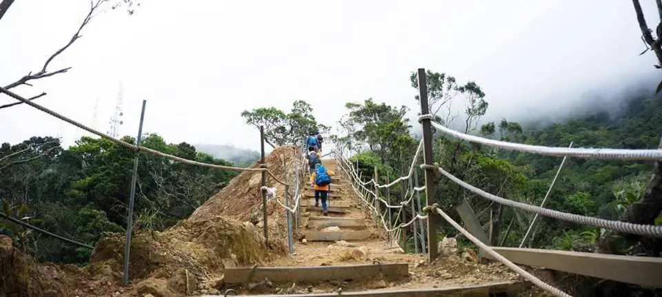 登山者在京那巴魯山步道上攀爬木質階梯與安全繩索，置身於沙巴馬來西亞霧氣瀰漫的熱帶雨林中。