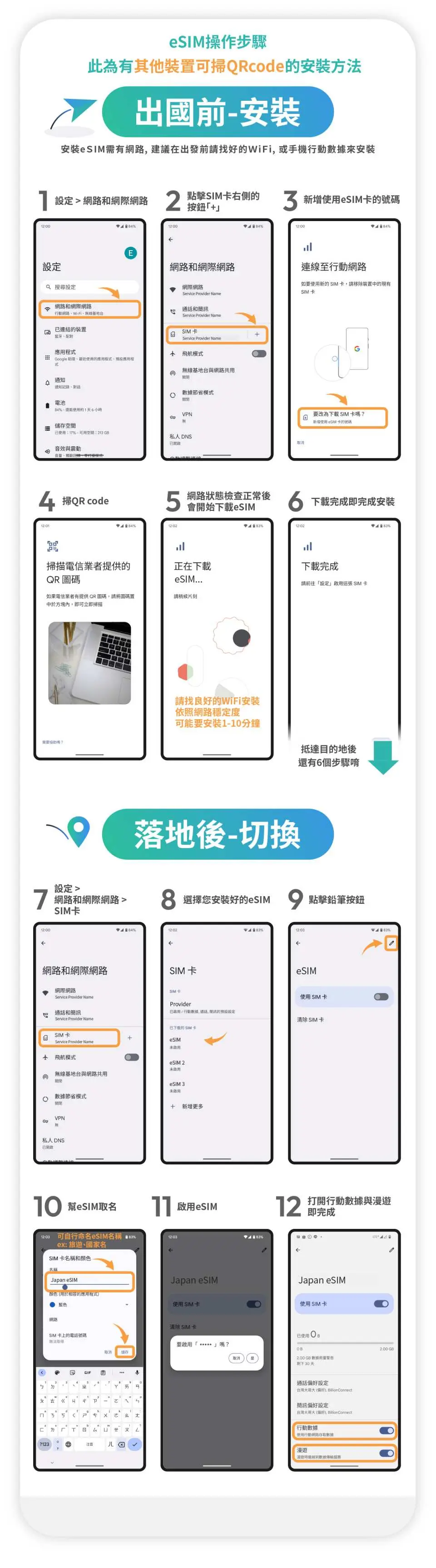 簡體中文日本eSIM安裝啟用教學，透過12個步驟指導用戶在手機上快速設定eSIM，享受日本旅遊不斷網。