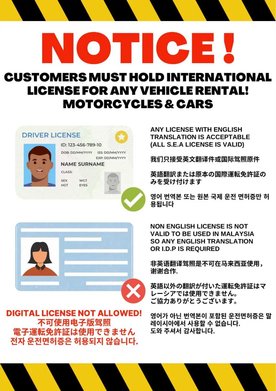 All passengers must present their valid international license/ international driving permit (with English translation) and passport upon collection