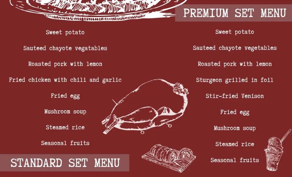 이 레스토랑에서는 고객이 표준 세트 메뉴 또는 프리미엄 세트 메뉴의 두 가지 메뉴 중에서 선택할 수 있습니다.