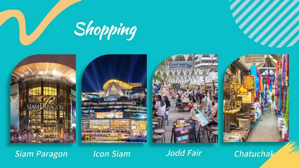 Graphic titled 'Shopping' showcasing four Bangkok shopping destinations: Siam Paragon, Icon Siam, Jodd Fair, and Chatuchak, highlighting customizable shopping stops for a private charter tour.