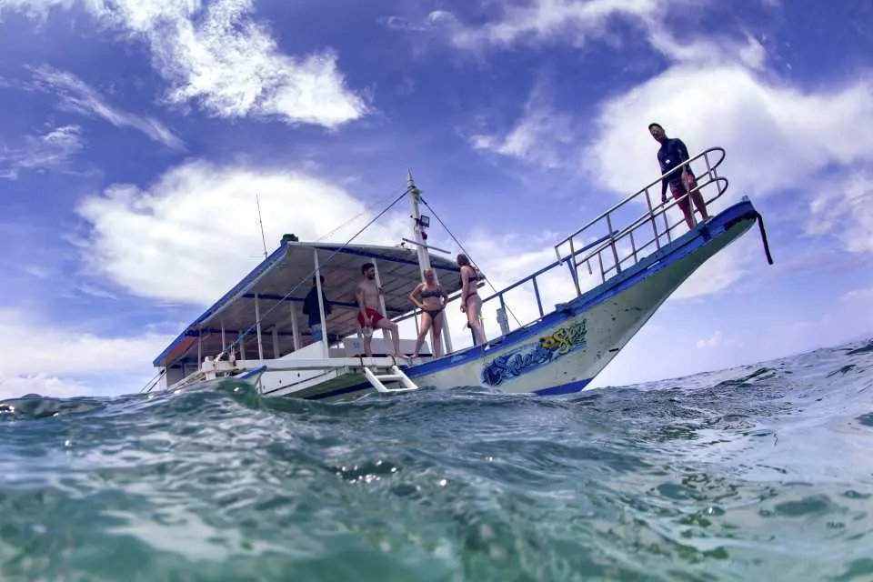 A generous spread of freshly prepared local Filipino dishes, including grilled fish, shrimp, rice, and fresh fruits, laid out for lunch after the Palawan whale shark experience.