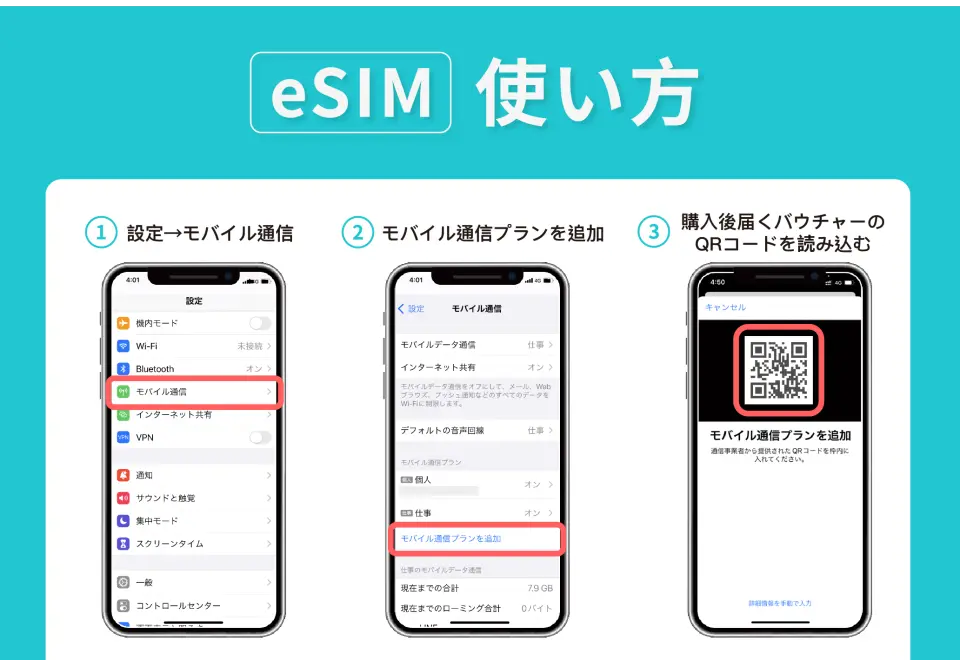 タイDTAC eSIMカードのiPhone向け日本語インストールチュートリアル。QRコードをスキャンしてモバイルプランを追加する方法を図で示し、日本人旅行者の簡単な有効化を可能にします。