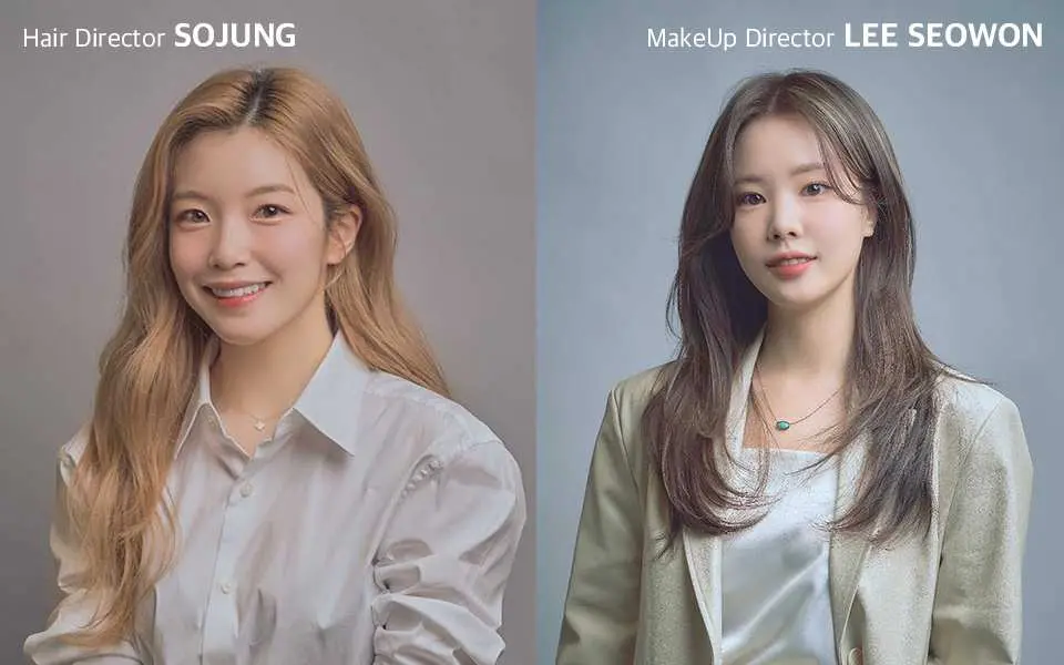 Professional portraits of JOY 187's two senior directors, Hair Director SOJUNG and Makeup Director LEE SEOWON, showcasing the team's top-tier expertise and experience in Seoul.