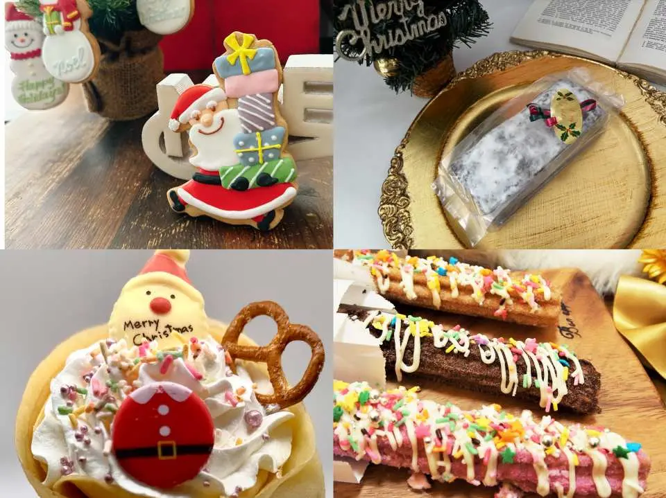 大阪クリスマスマーケットの特製デザートとお土産のコラージュ。サンタクロースの飾り、ドイツのシュトーレン、特製シュークリーム、様々な味のチュロスが含まれています。