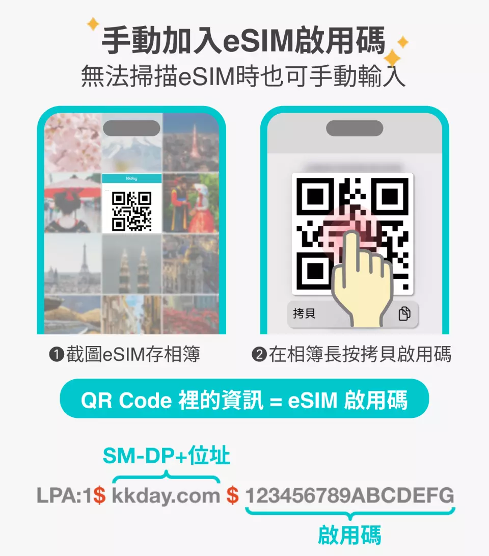 手机屏幕显示如何手动输入韩国eSIM启用码（若无法扫描QR Code），确保所有用户都能顺利开通高速网络。