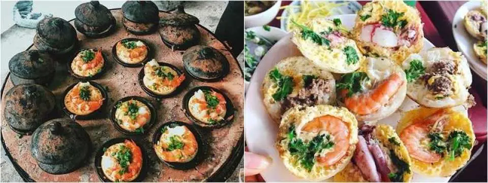 새우와 허브를 얹은 나트랑 반깐(Banh Can), 전통 틀에 갓 구운 맛있는 미니 팬케이크. 투어 중 꼭 먹어봐야 할 점심 메뉴입니다.