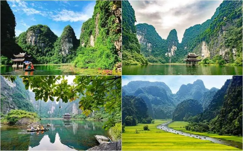 닌빈의 자연미를 담은 4분할 콜라주: 고요한 짱안 보트 투어, 솟아오른 석회암 카르스트 지형, 푸르른 논밭이 어우러져 다양한 풍경을 보여줍니다.