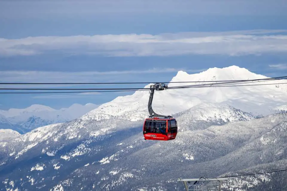 A vibrant red gondola glides over Whistler's snow-covered mountains and evergreen forests, offering passengers breathtaking panoramic views of the magnificent Canadian winter landscape, a highlight of a Vancouver day trip.