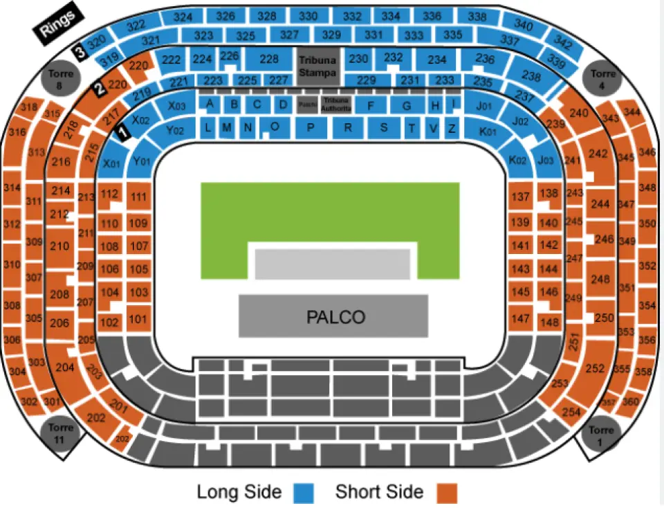 Sơ đồ chỗ ngồi chi tiết của sân vận động cho trận đấu bóng đá sân nhà của Inter Milan tại Ý, chỉ rõ các khu vực khán đài dài, ngắn và các phần khác.