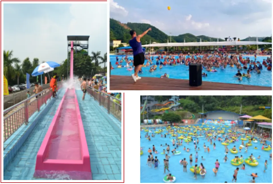 Guangdong water park experience: thrilling pink water slide, instructor leading a group exercise in a swimming pool, and a large wave pool crowded with people enjoying summer water fun.