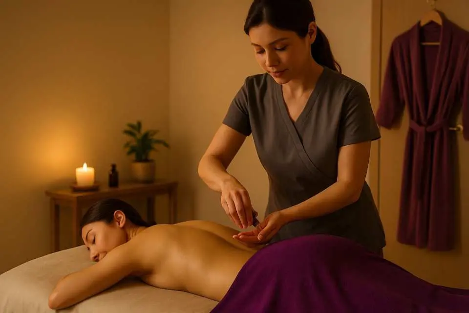 Dermis Beauty香港SPA體驗中，專業理療師將養生精油塗抹於顧客背部，準備進行身體人手按摩。