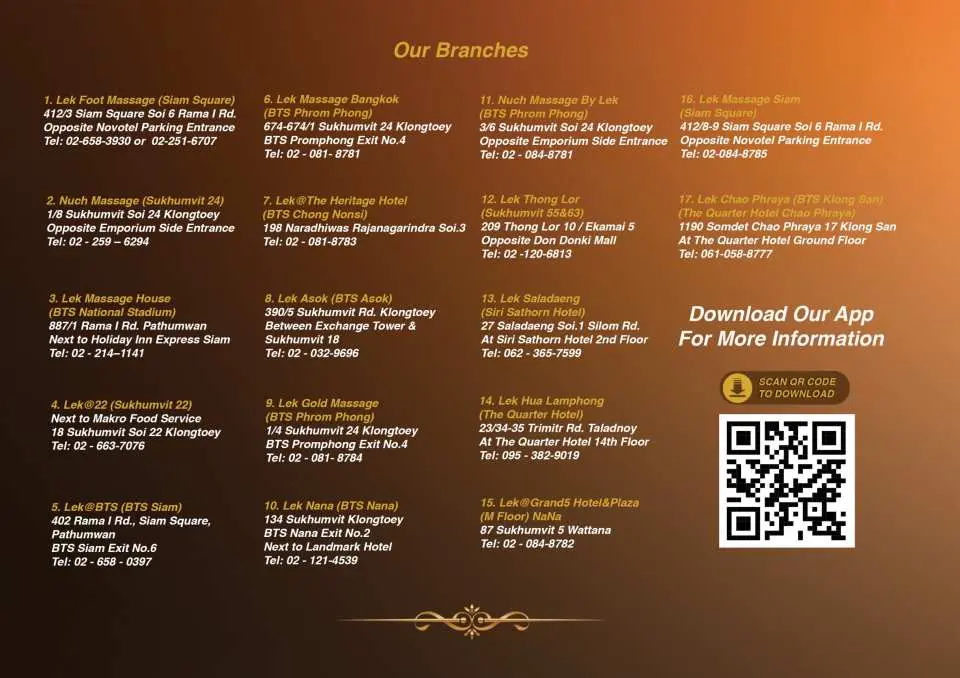 Comprehensive list of Lek Massage and Spa's 19 convenient branches along Bangkok's BTS Skytrain, highlighting their accessibility for authentic Thai massage and spa services, with an app download QR code.