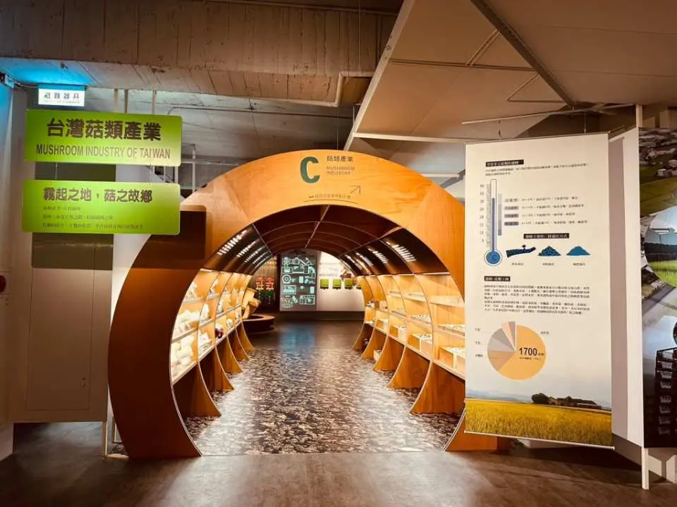 台中雾峰菇类博物馆独特的菇类产业隧道式展区入口，展示蘑菇培育过程与相关知识，带领游客体验沉浸式的学习之旅。