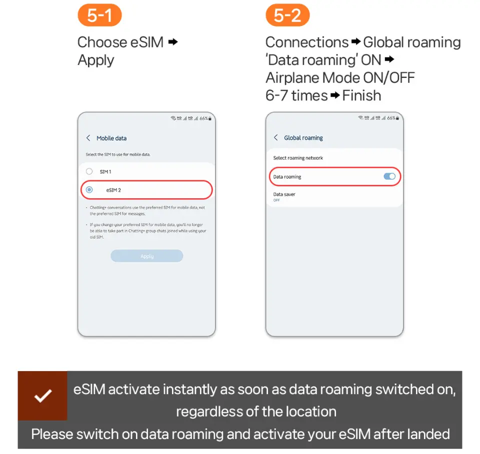 English Android eSIM activation guide, illustrating detailed steps for selecting eSIM and enabling global roaming, allowing easy enjoyment of SKT's high-speed unlimited data in Korea.