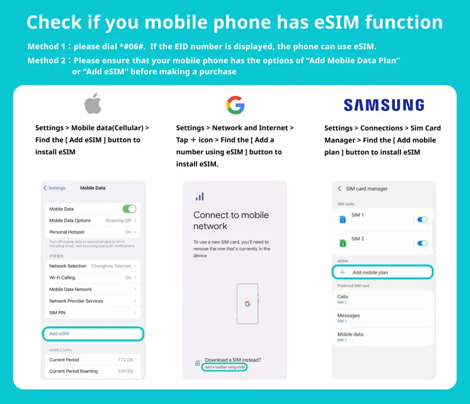 English guide showing Apple, Google, and Samsung phone settings to check if your mobile device supports eSIM functionality, crucial for seamless connectivity in Vietnam.