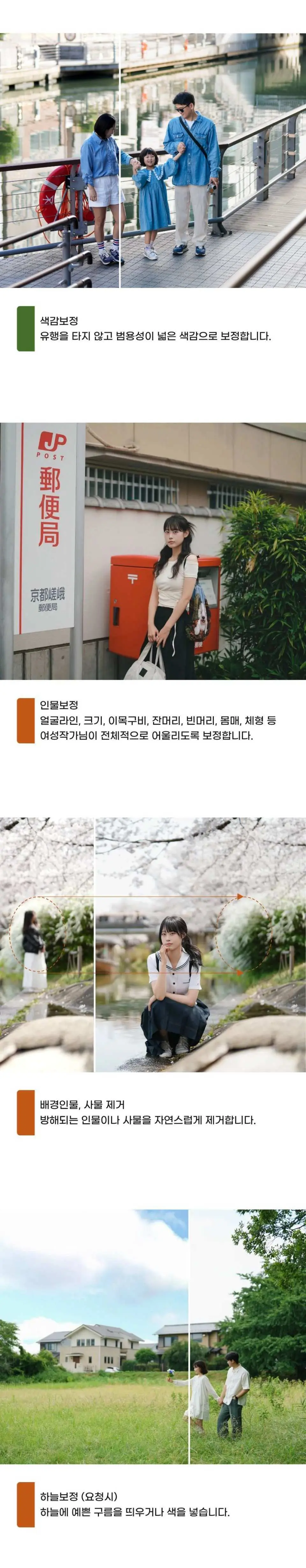 오사카 교토 스냅투어의 촬영 장소 사진 예시 이미지, 아라시야마, 우체국, 신사 등 다양한 촬영지를 보여줌.