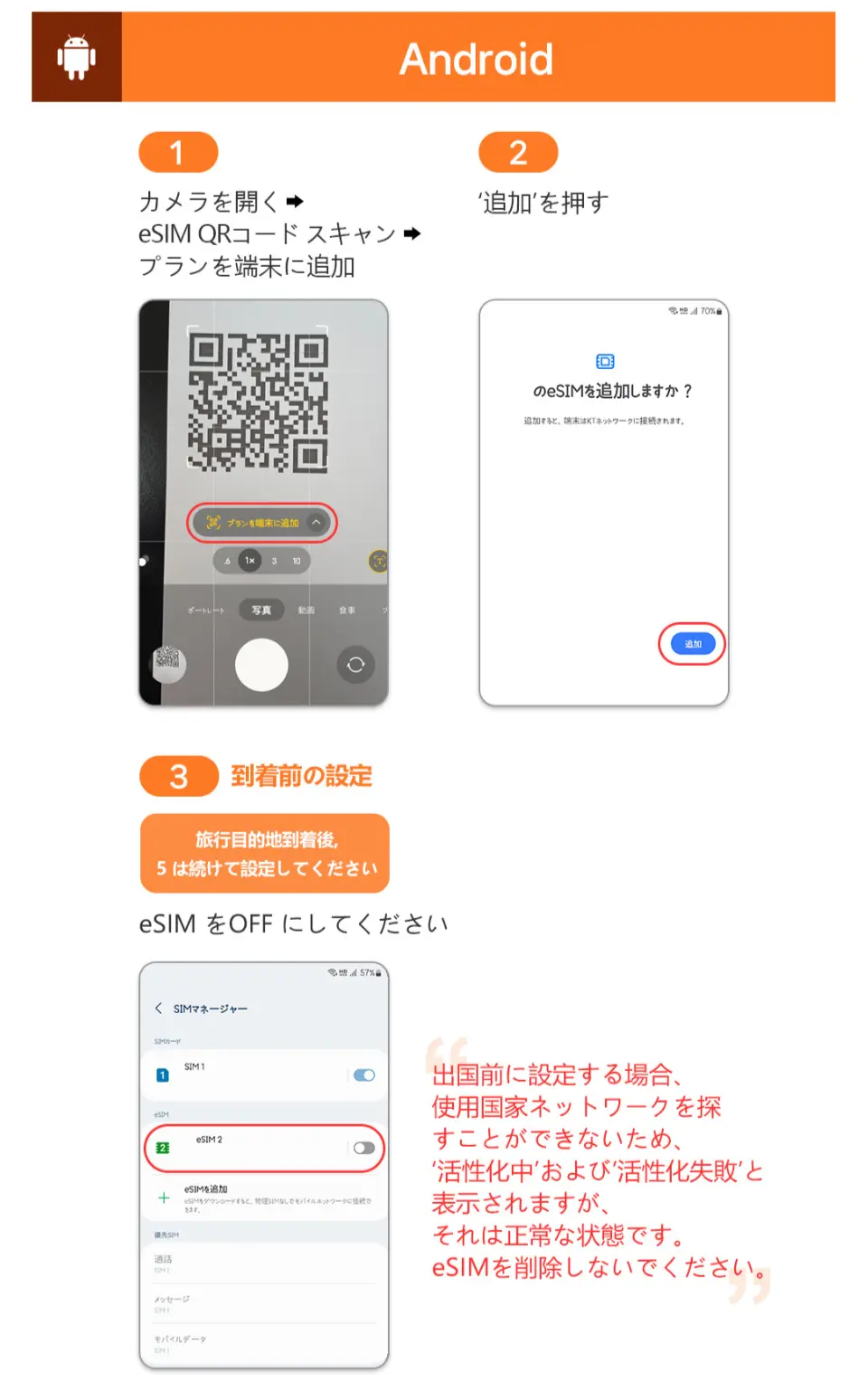 Android端末向け詳細ガイド。タイeSIMのQRコードスキャン、プラン追加、到着前の設定手順を解説し、シームレスな4G/5Gデータ通信を実現するための視覚的な指示。