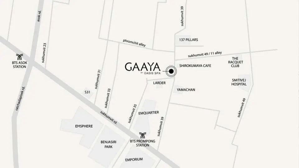 แผนที่แสดงที่ตั้งของ Gaaya by Oasis Spa กรุงเทพฯ เน้นย้ำการเดินทางที่สะดวกสบายด้วยการเดินเพียง 10 นาทีจากสถานี BTS พร้อมพงษ์