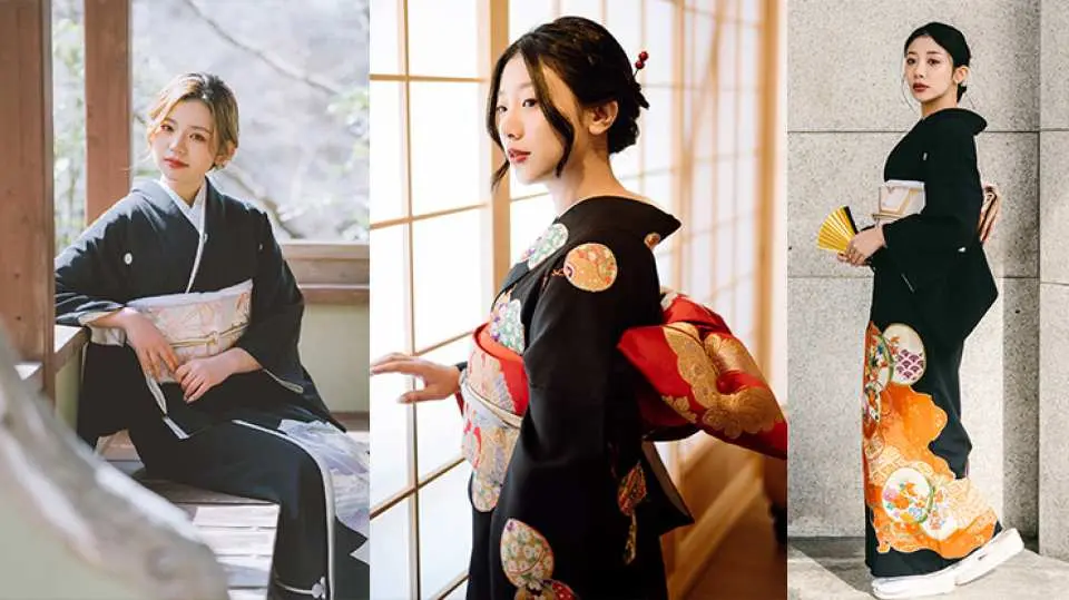 女士黑留袖（裙擺及袖口多以刺繡上圖案,腰帶則多鑲有金或銀色的線，整體效果大方顯瘦）