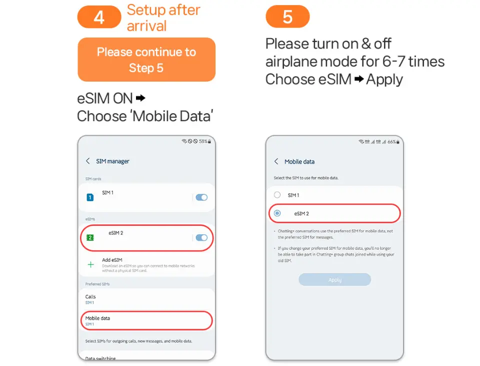 English guide providing detailed instructions for Android phone eSIM setup upon arrival in Japan, covering the complete process from toggling airplane mode, selecting eSIM, to enabling mobile data.