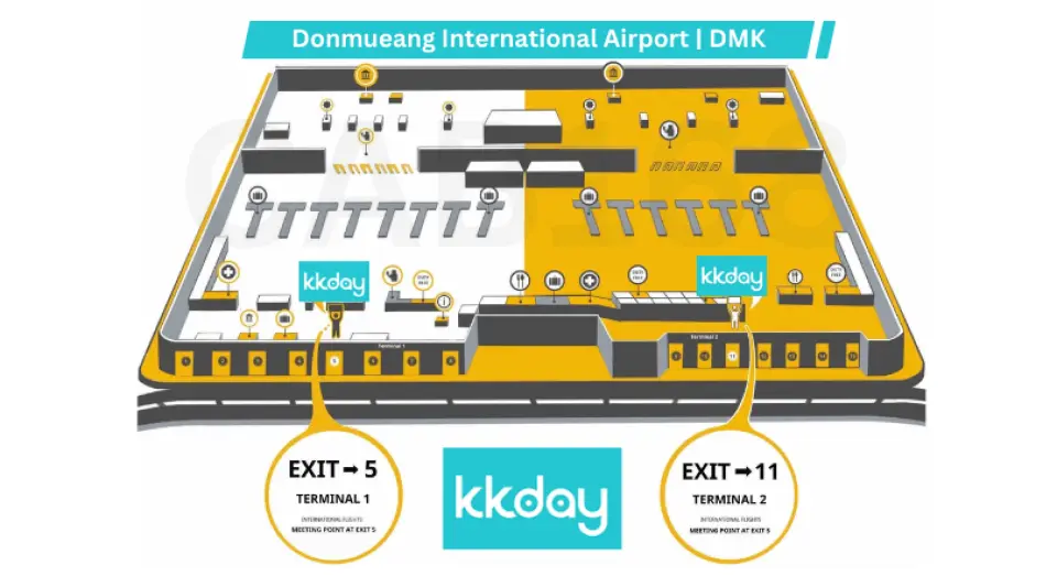 曼谷廊曼機場(DMK)地圖，標示kkday於第一航廈出口5、第二航廈出口11的私人接送集合點，確保旅客輕鬆會合。