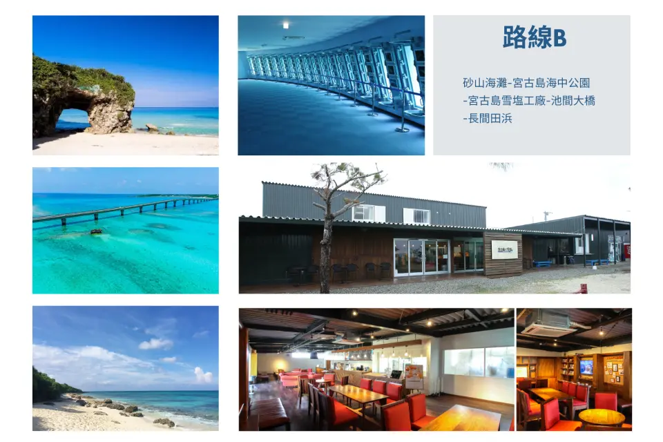 路线Ｂ.砂山海滩-宫古岛海中公园-宫古岛雪塩工厂-池间大桥-长间田浜