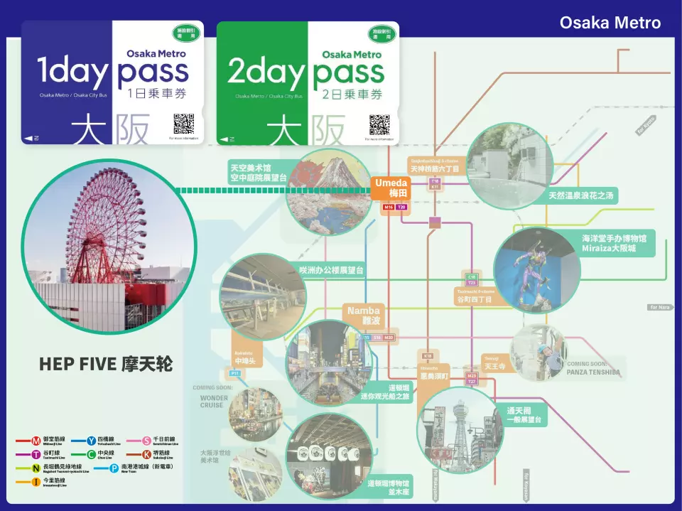 可自由畅乘Osaka Metro Pass 全线！
