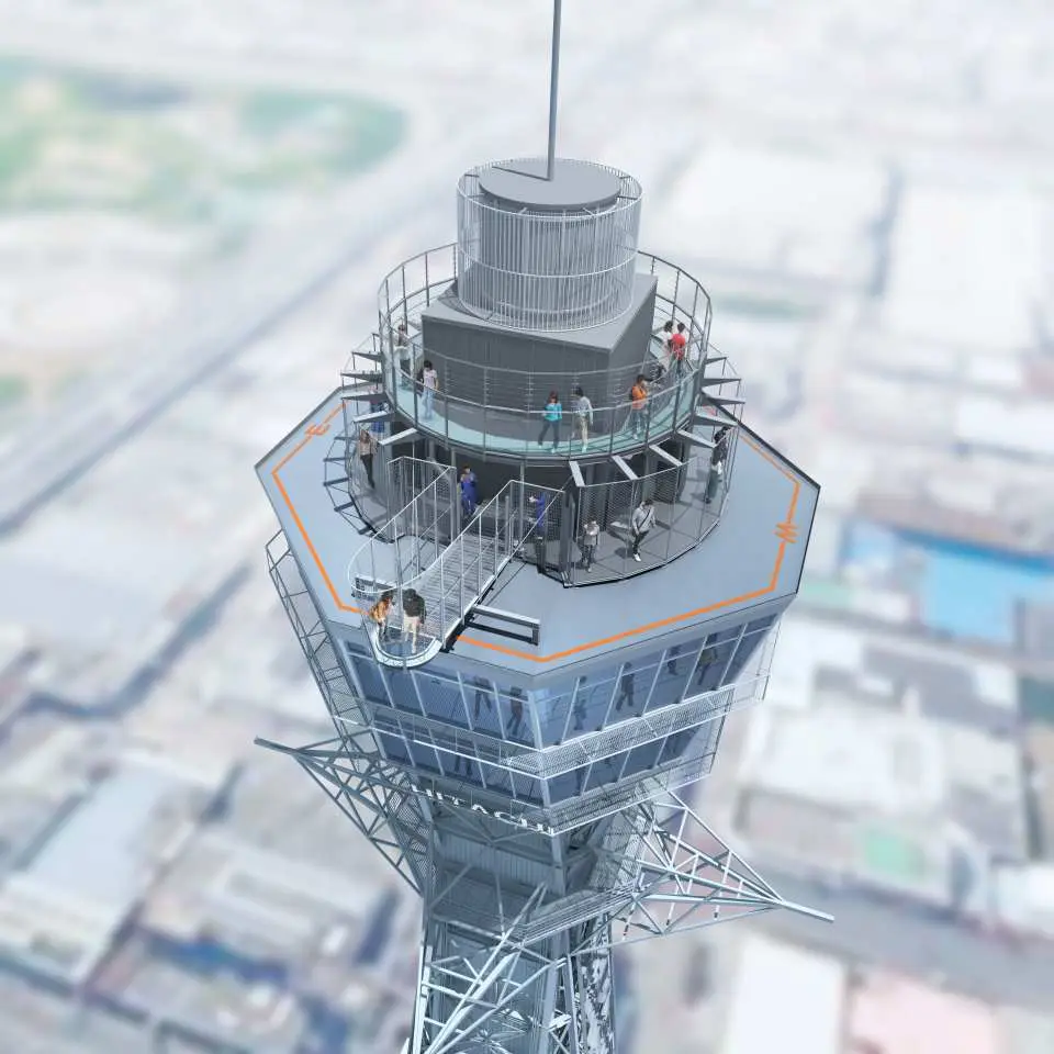 An aerial view of Tsutenkaku's outdoor observation deck, where visitors at 94.5 meters high enjoy sweeping panoramic views of Osaka's magnificent city skyline.