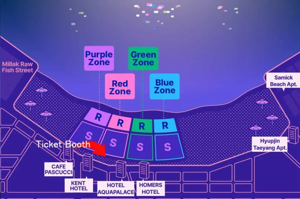 2025釜山煙火節廣安里海水浴場的觀賞區地圖，標示了紫色、綠色、紅色、藍色座位區與售票處。