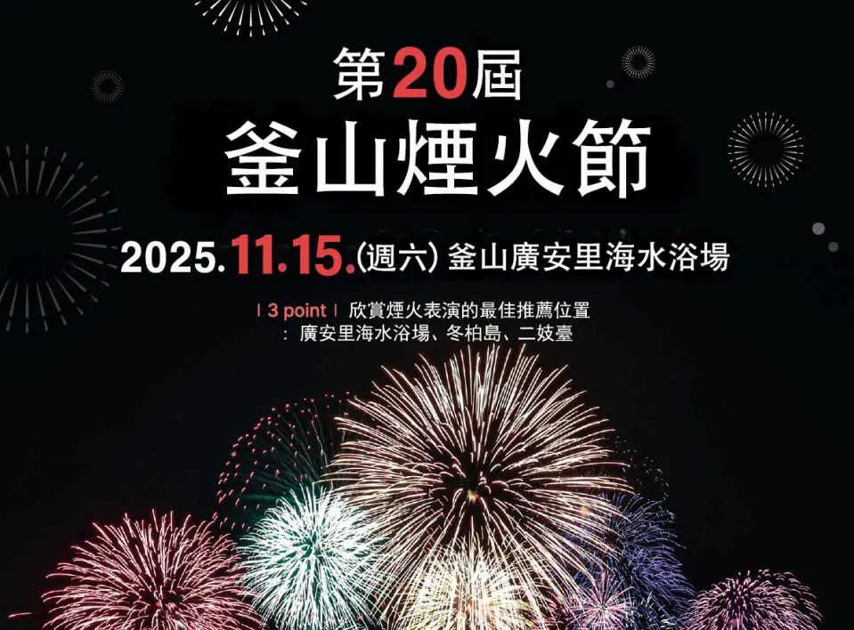 第20屆2025釜山煙火節宣傳圖，顯示11月15日於廣安里海水浴場舉行，搭配多點發射煙火的設計。