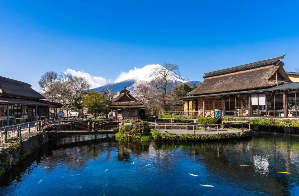 忍野八海的如畫風景，傳統茅草屋圍繞清澈池塘，錦鯉悠游其中，遠處白雪皚皚的富士山，盡顯日式風情。