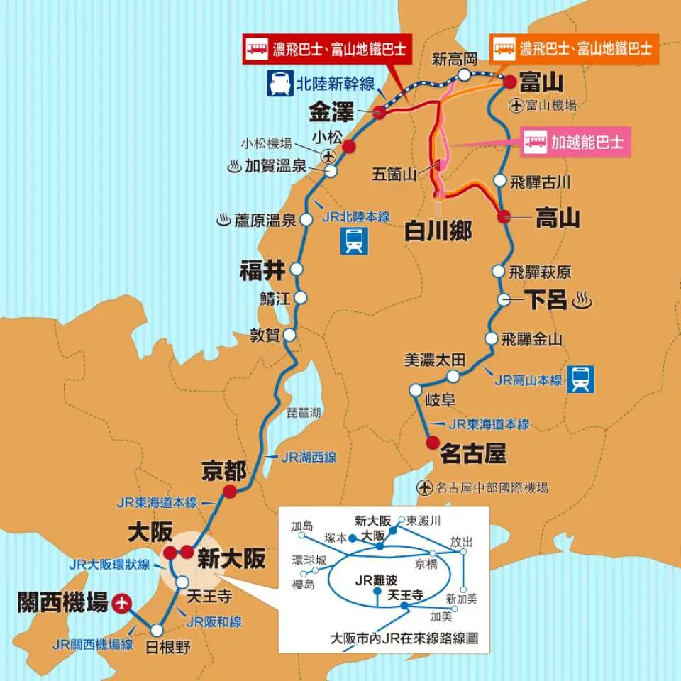 日本JR高山北陸地區鐵路周遊券的綜合路線圖，清楚呈現JR鐵路與多條巴士路線，涵蓋廣泛，適合深度探索日本關西與中部。