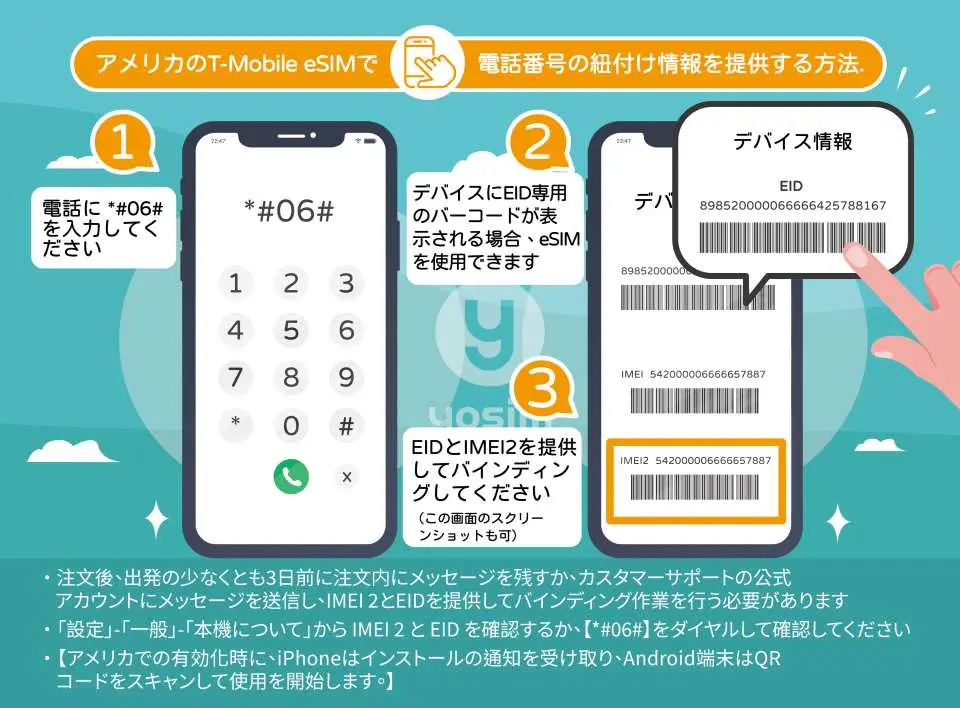 日本語版T-mobileアメリカeSIM設定ガイド。*#06#をダイヤルしてEIDとIMEI情報を確認し、スムーズなアクティベーションを確実にする方法を図示。
