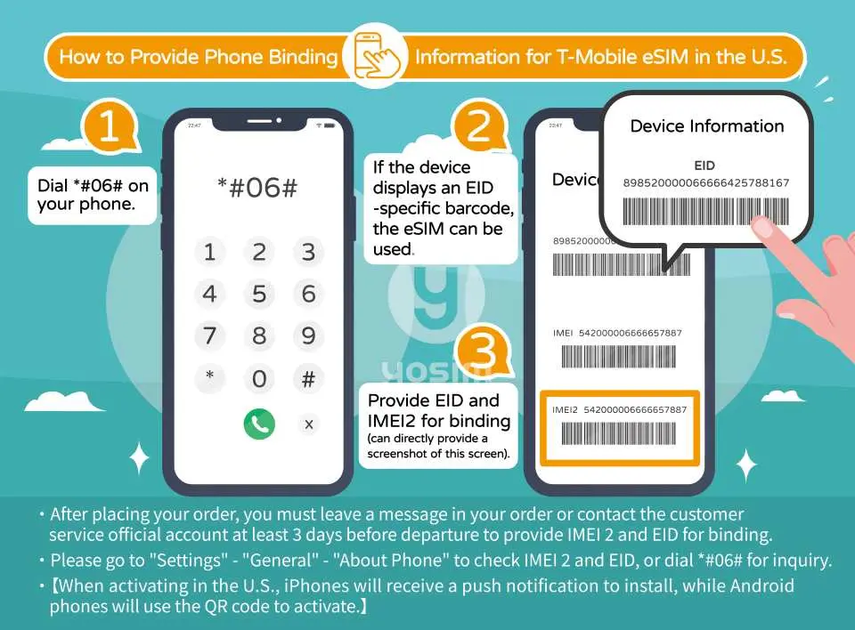 English guide for T-mobile US eSIM binding. Step-by-step instructions on dialing *#06# to obtain EID and IMEI2, preparing for native resource eSIM activation.