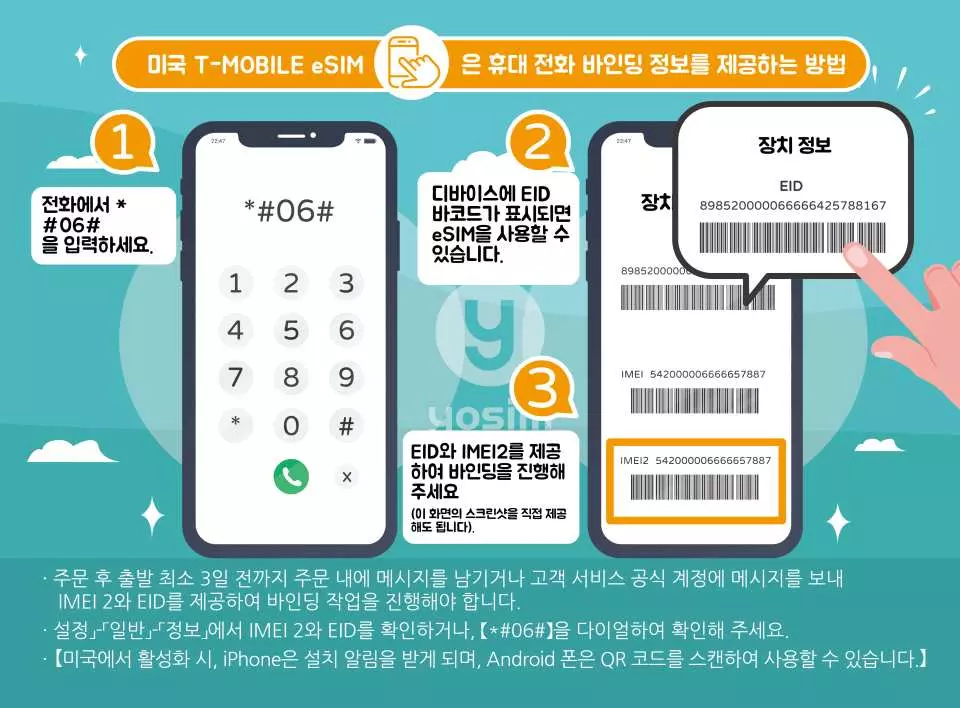 한국어 T-mobile 미국 네이티브 eSIM 설치 단계. *#06# 입력으로 EID 및 IMEI2 확인, 통신사에 바인딩 정보 제공 방법 제시.