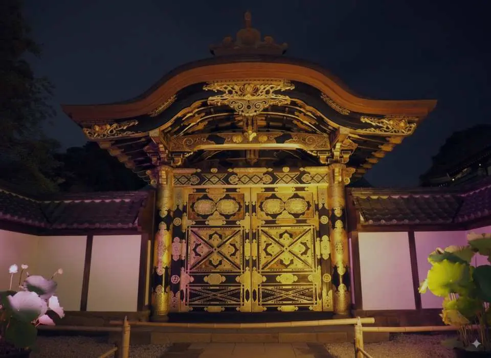 鎌倉建長寺の金色の装飾的な寺院の門のクローズアップ。夜間照明に照らされ、精巧な日本の伝統的な彫刻と模様が輝き、尊厳ある夜間参拝の特徴を示す。