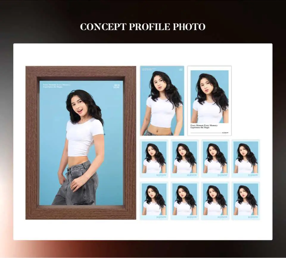 Myeongdong RedNow concept profile photo display features a woman posing fashionably against a blue backdrop, paired with multiple photos of different styles, highlighting personal characteristics and K-pop aesthetics.