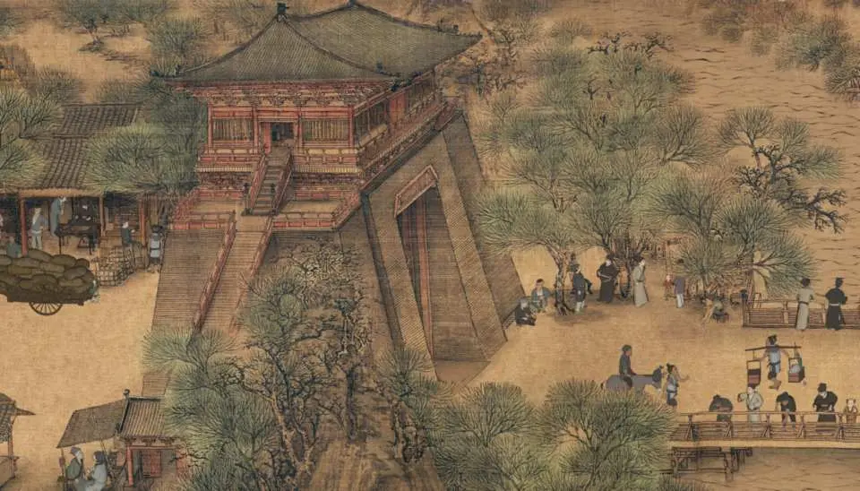 【第四区｜第一长卷】内容以张择端的原图进行数位艺术创作，经过考据后增加黑夜版本，再经模型、着色、动画、渲染等过程，创作出共有1068 个人物、6 种类型29 艘条船以及牛、马、驴、骡共73 匹，日夜交替、大气恢宏的场景。