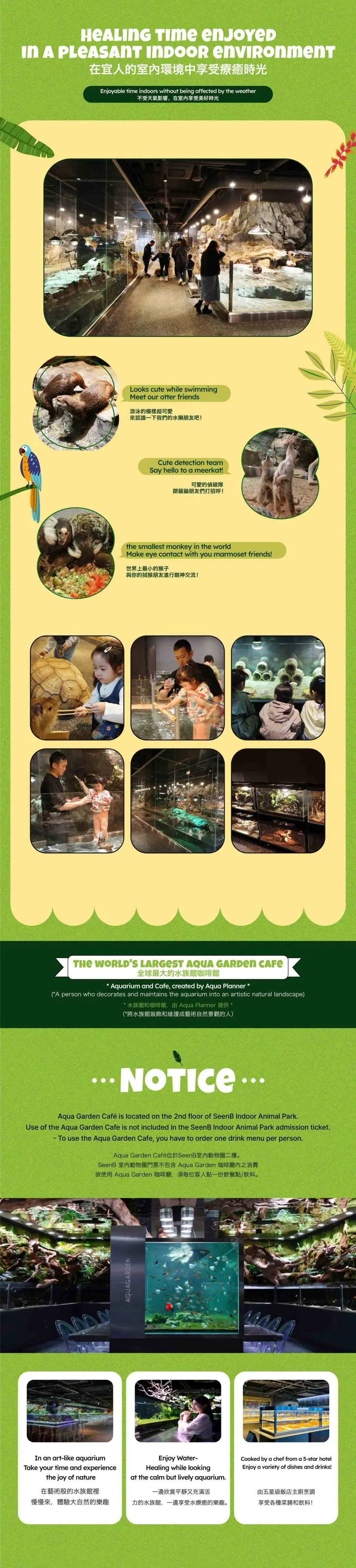 A comprehensive informational graphic for SeenB Indoor Zoo and Aqua Garden, showcasing diverse animals, beautiful environments, and rich interactive experiences for visitors.