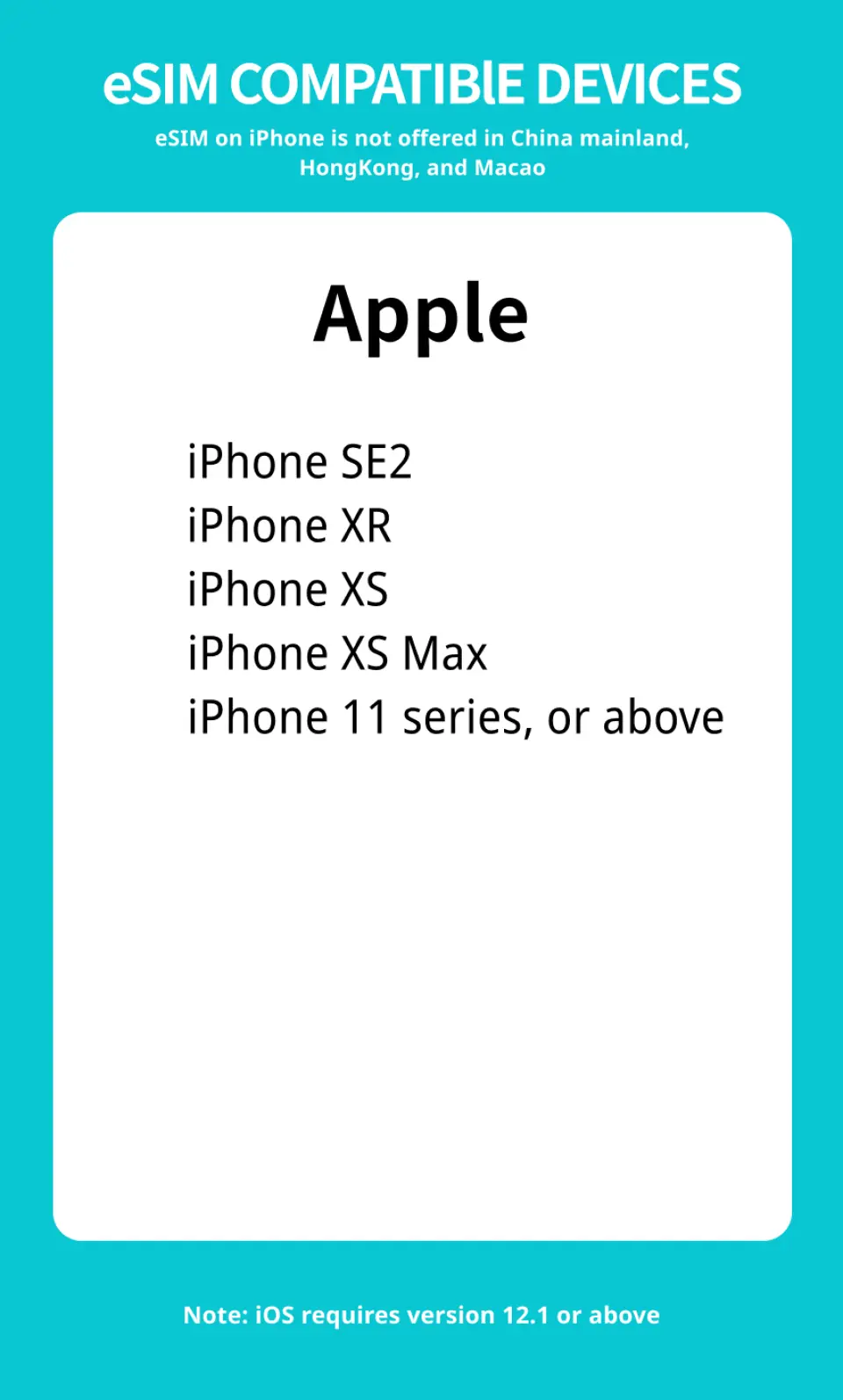 รายชื่ออุปกรณ์ที่รองรับ eSIM ภาษาอังกฤษ ระบุรุ่น iPhone ของ Apple ที่รองรับดาต้าความเร็วสูงรายวันในจีน ฮ่องกง และมาเก๊า สำหรับการยืนยันความเข้ากันได้สำหรับนักเดินทางต่างชาติ
